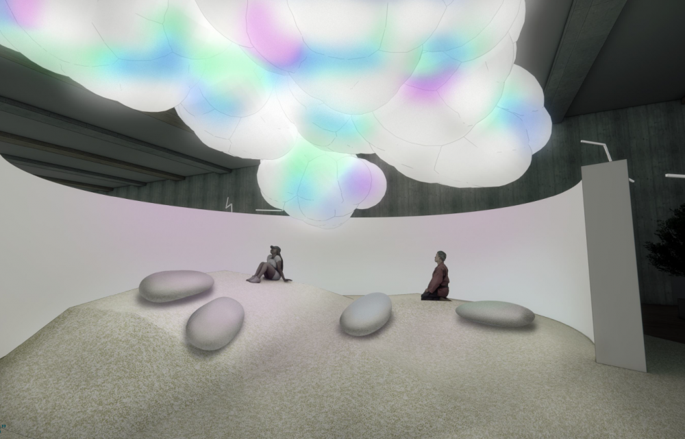 kliimanäituse konseptsioon - mägi, kivid, pilved, inimesed toas